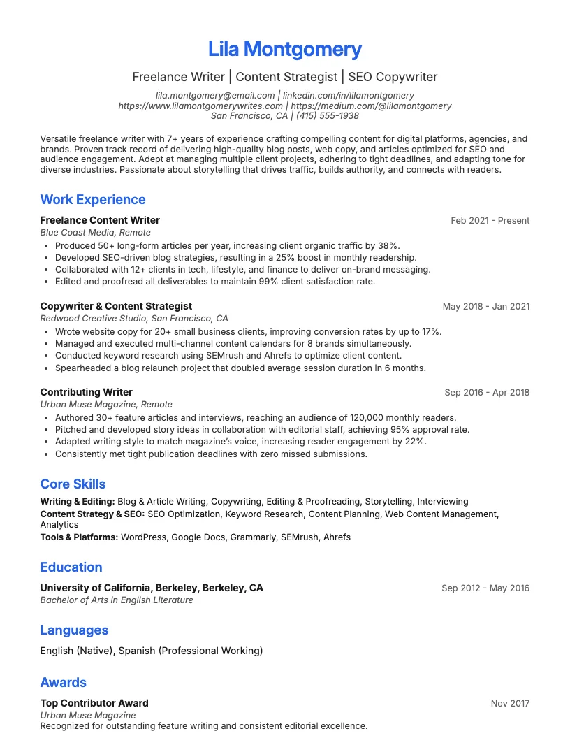 Freelance Writer Resume Example