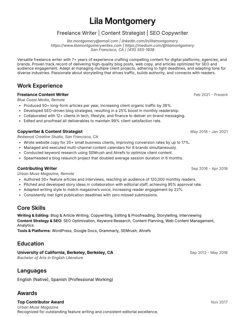 Freelance Writer Resume Example