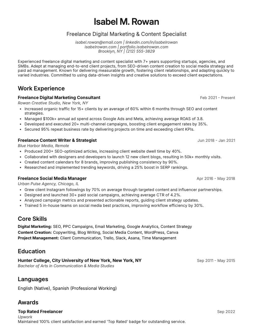 Freelancer Resume Example