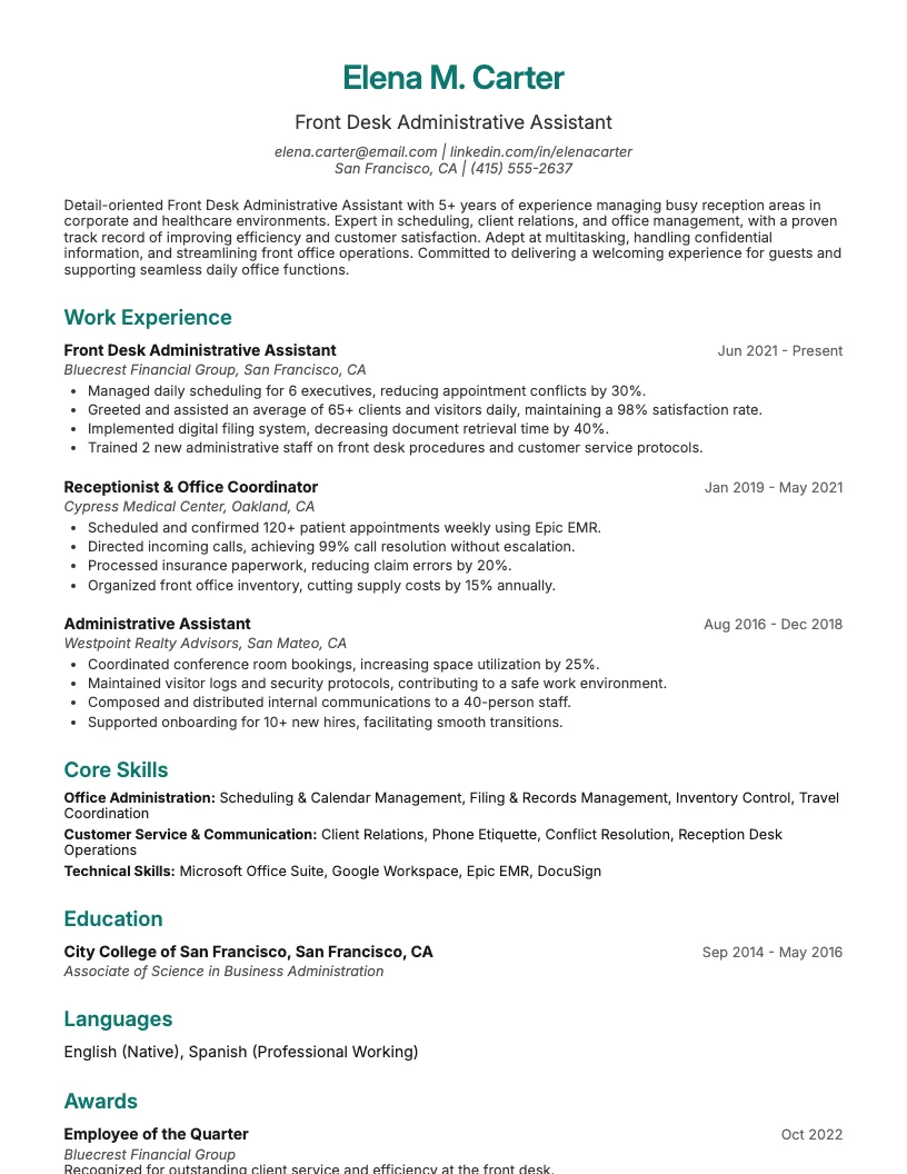 Front Desk Administrative Assistant Resume Example