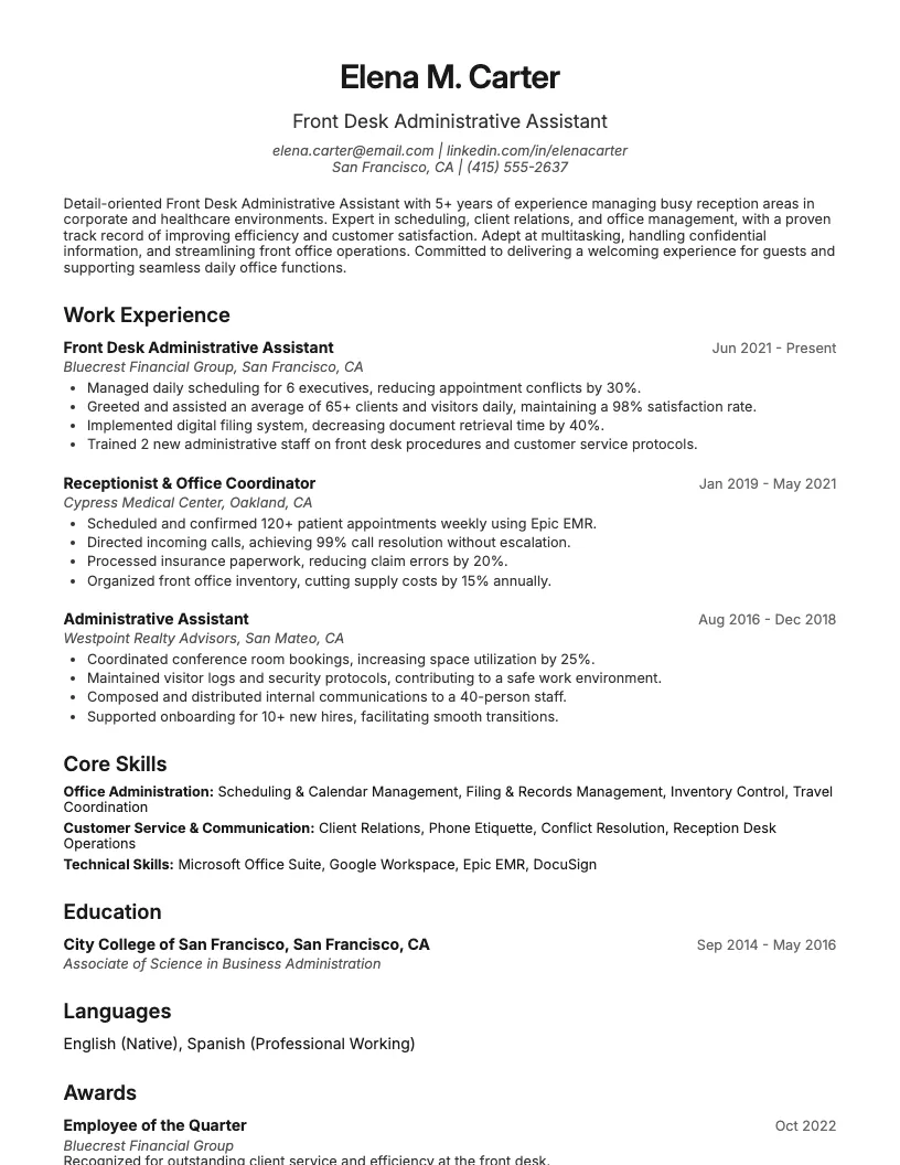 Front Desk Administrative Assistant Resume Example