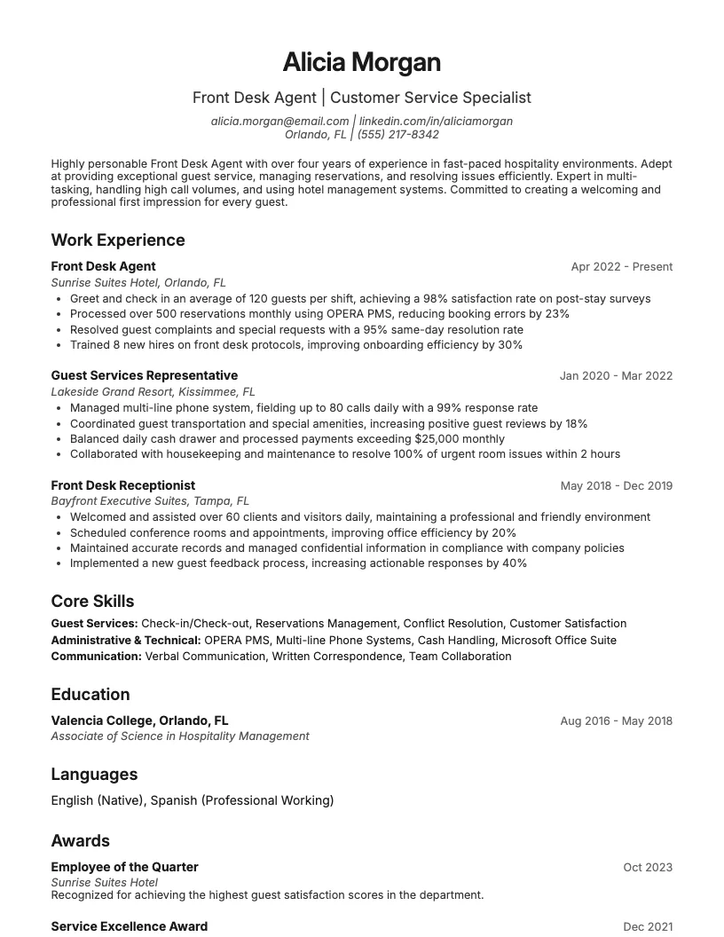 Front Desk Agent Resume Example