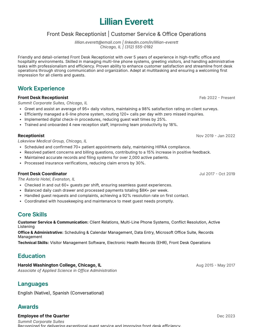 Front Desk Receptionist resume example