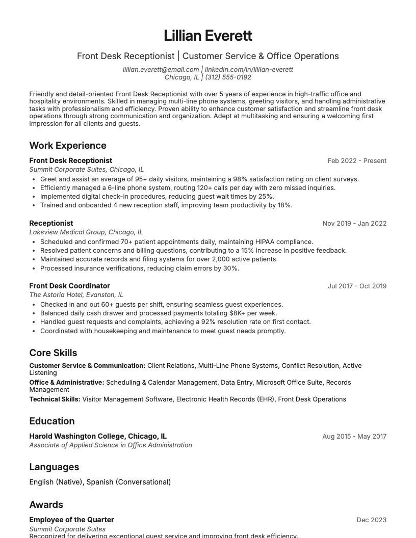 Front Desk Receptionist Resume Example