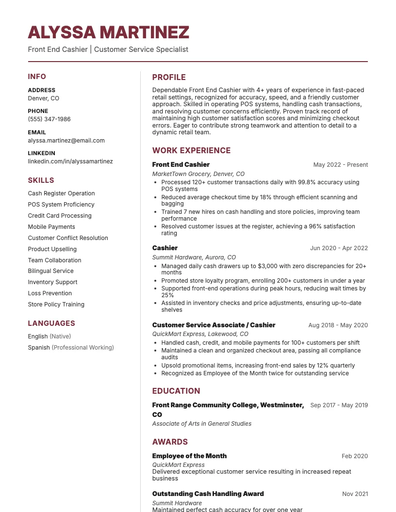 Front End Cashier Resume Example