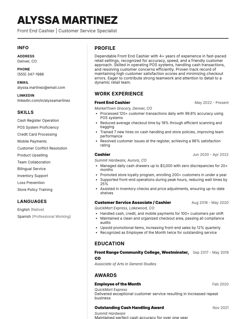 Front End Cashier Resume Example