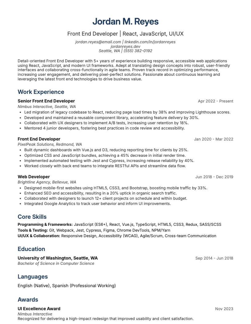 Front End Developer Resume Example