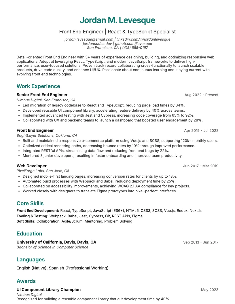 Front End Engineer Resume Example