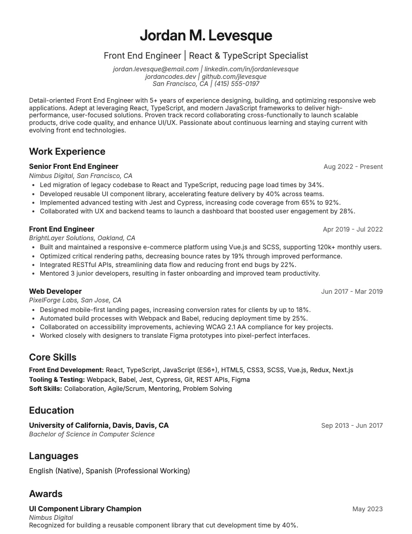 Front End Engineer Resume Example