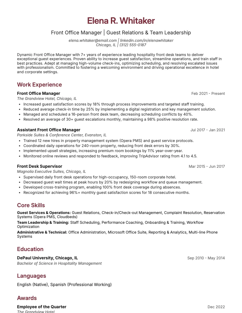 Front Office Manager Resume Example