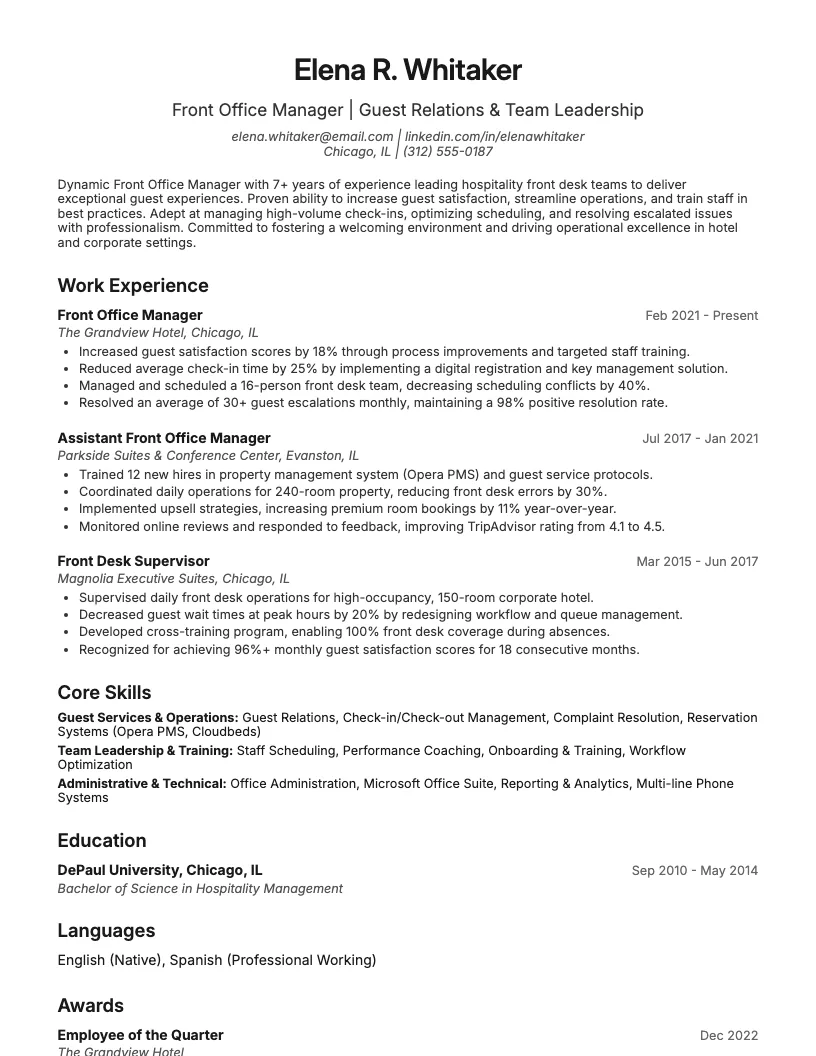 Front Office Manager resume example
