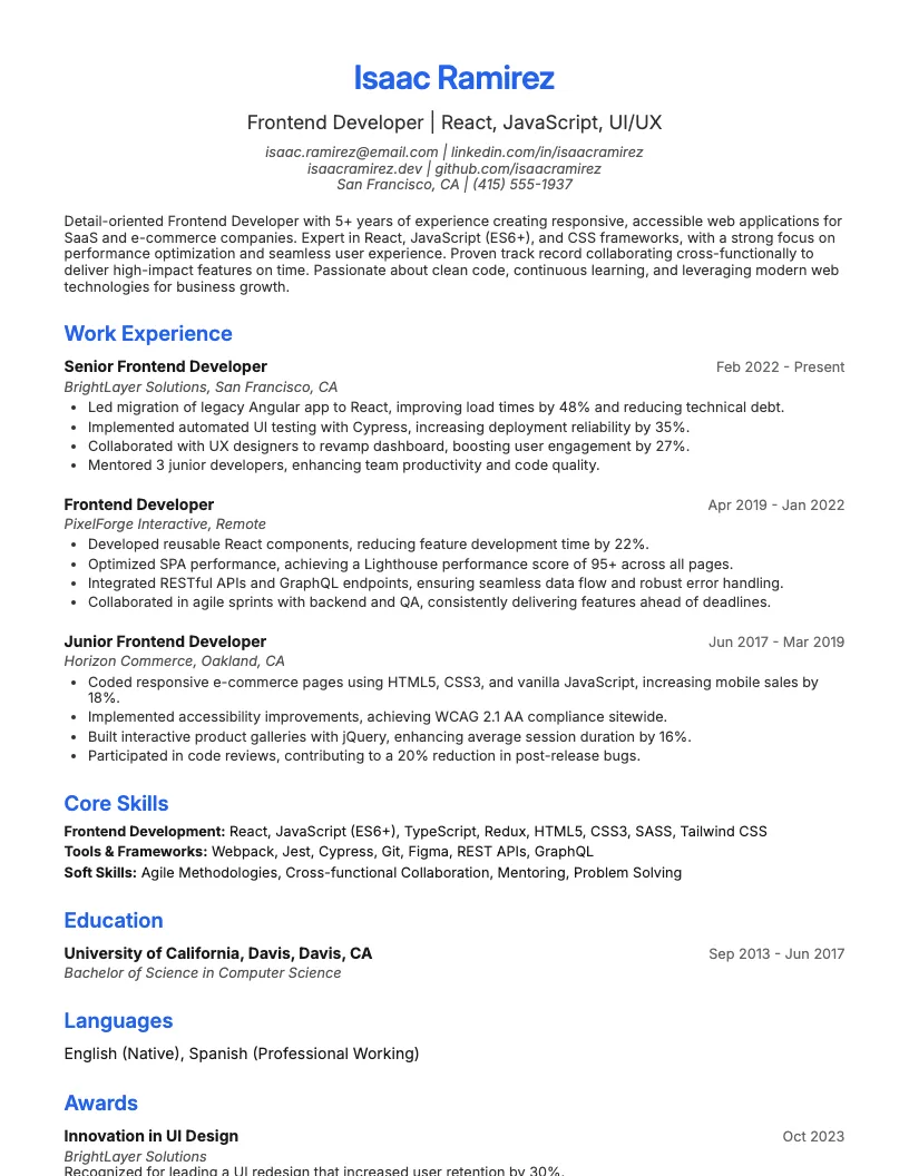 Frontend Developer Resume Example