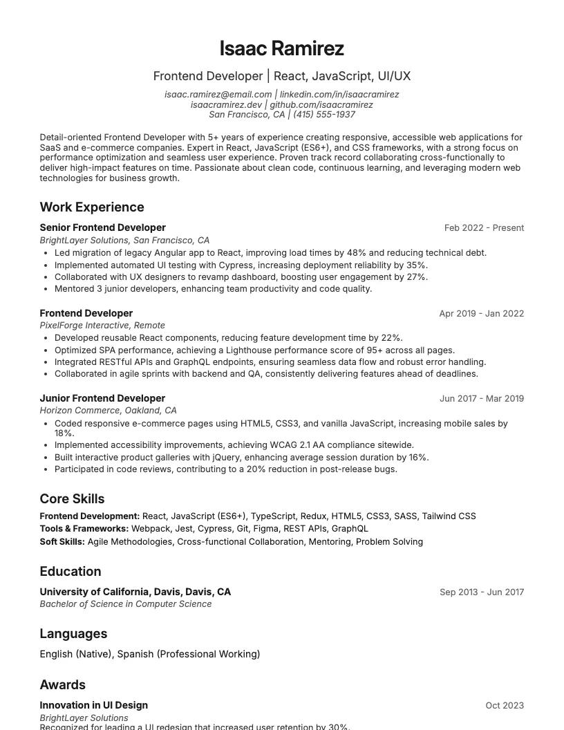 Frontend Developer Resume Example
