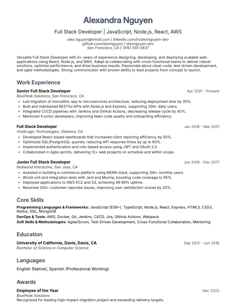Full Stack Developer Resume Example