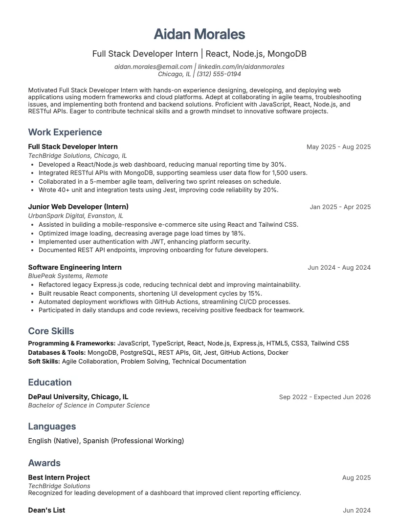 Full Stack Developer Intern Resume Example