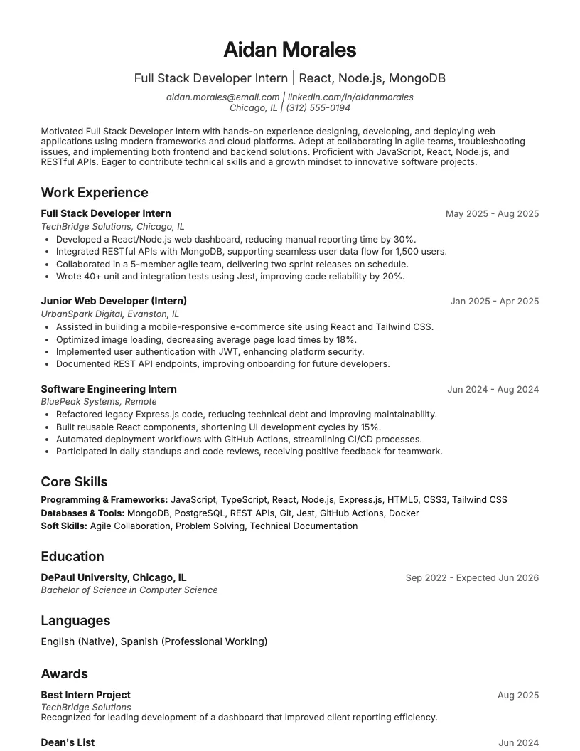 Full Stack Developer Intern Resume Example