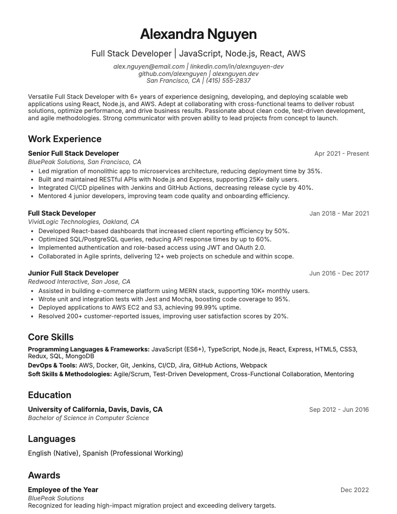 Full Stack Developer Resume Example