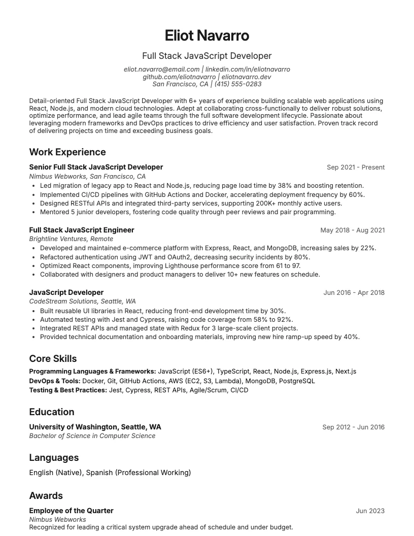 Full Stack Javascript Developer Resume Example