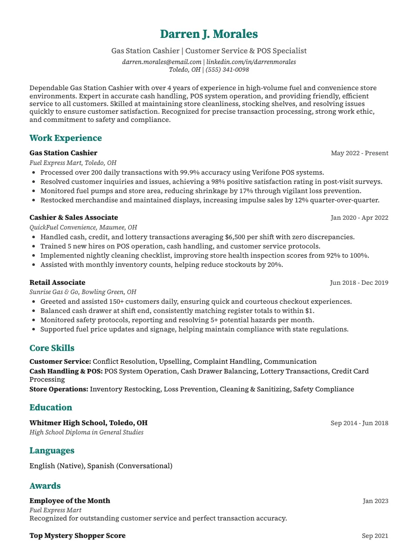 Gas Station Cashier Resume Example