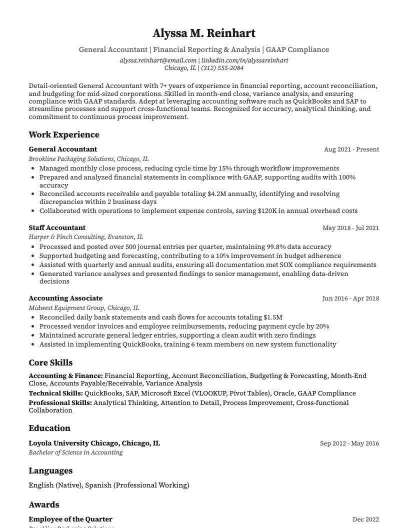 General Accountant Resume Example