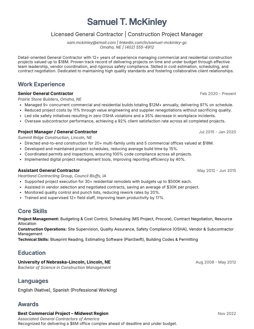 General Contractor Resume Example