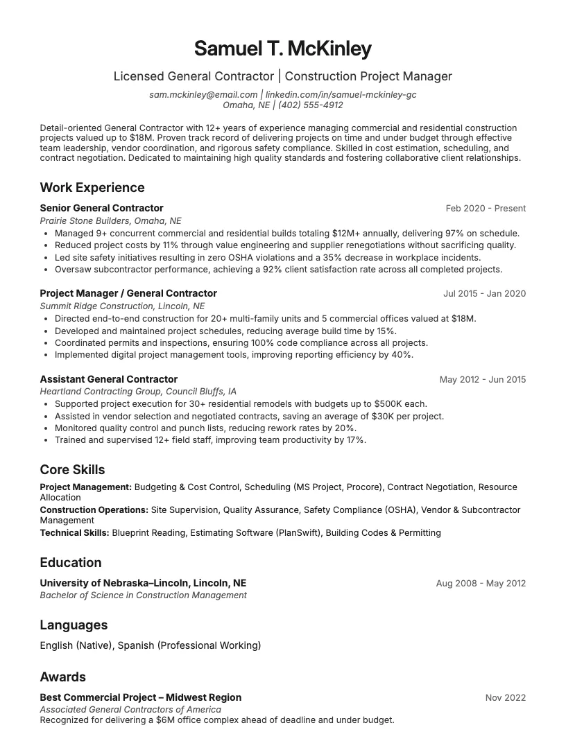 General Contractor Resume Example