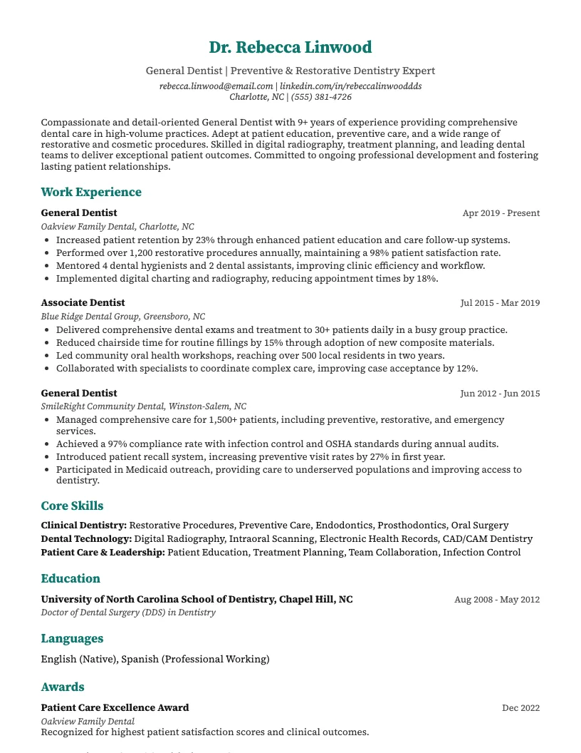 General Dentist Resume Example