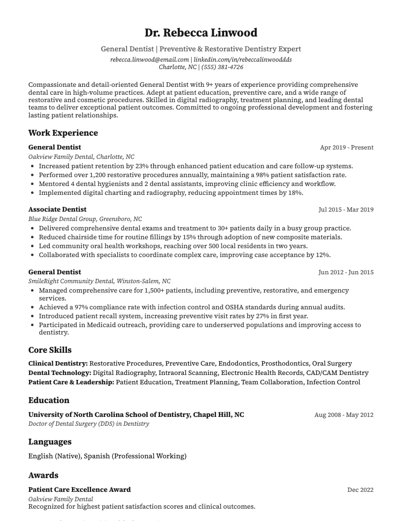 General Dentist Resume Example