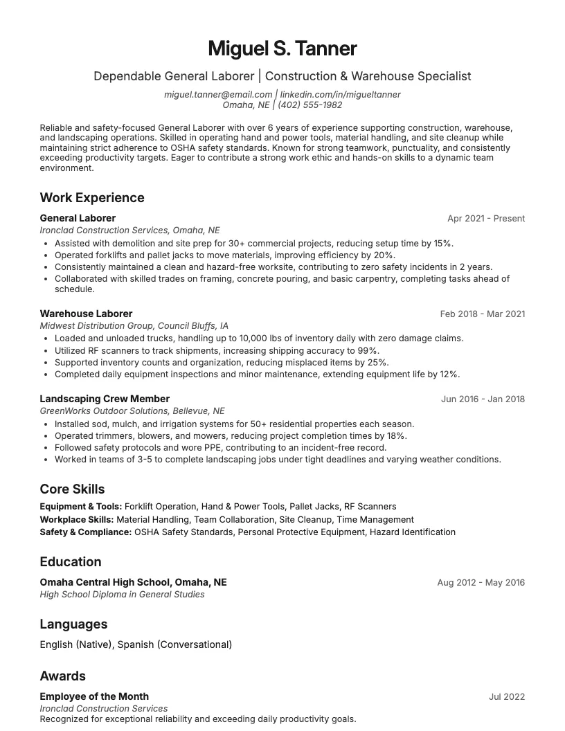 General Laborer Resume Example