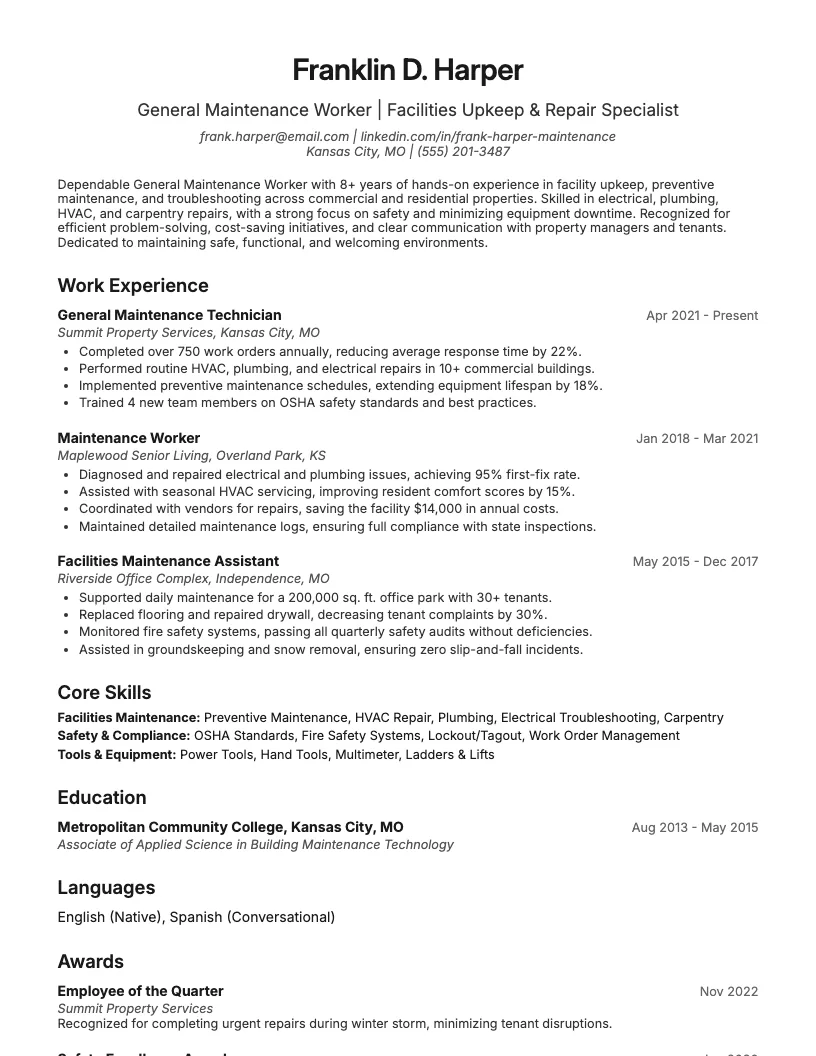 General Maintenance Worker Resume Example