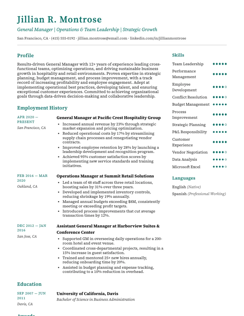 General Manager Resume Example