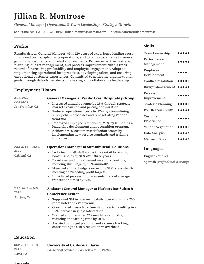 General Manager resume example