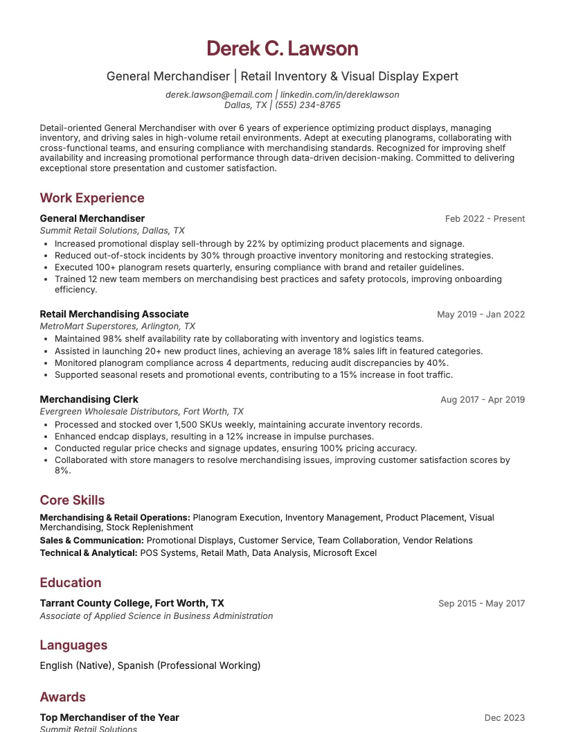 General Merchandiser Resume Example