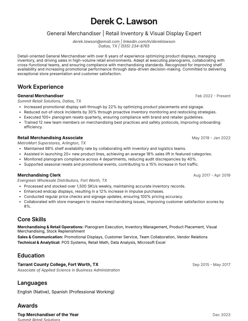 General Merchandiser Resume Example