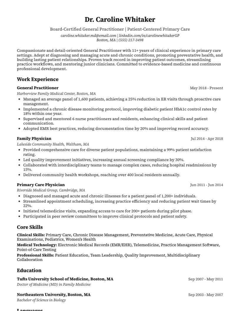 General Practitioner Resume Example