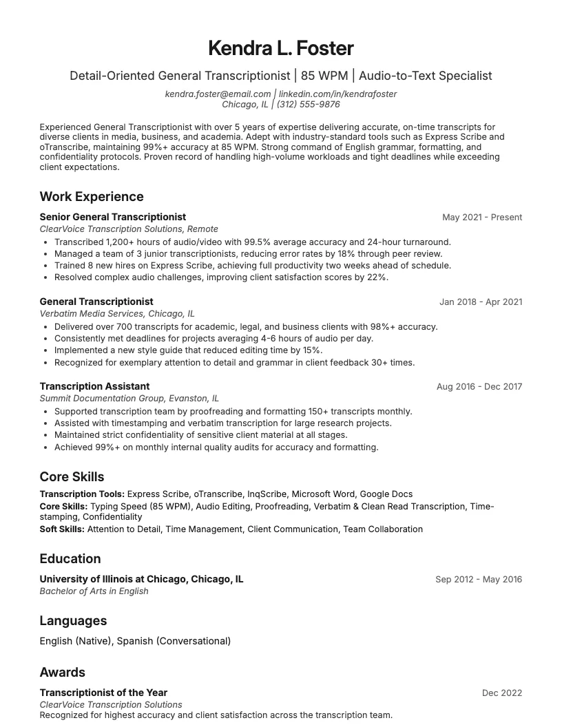 General Transcriptionist Resume Example