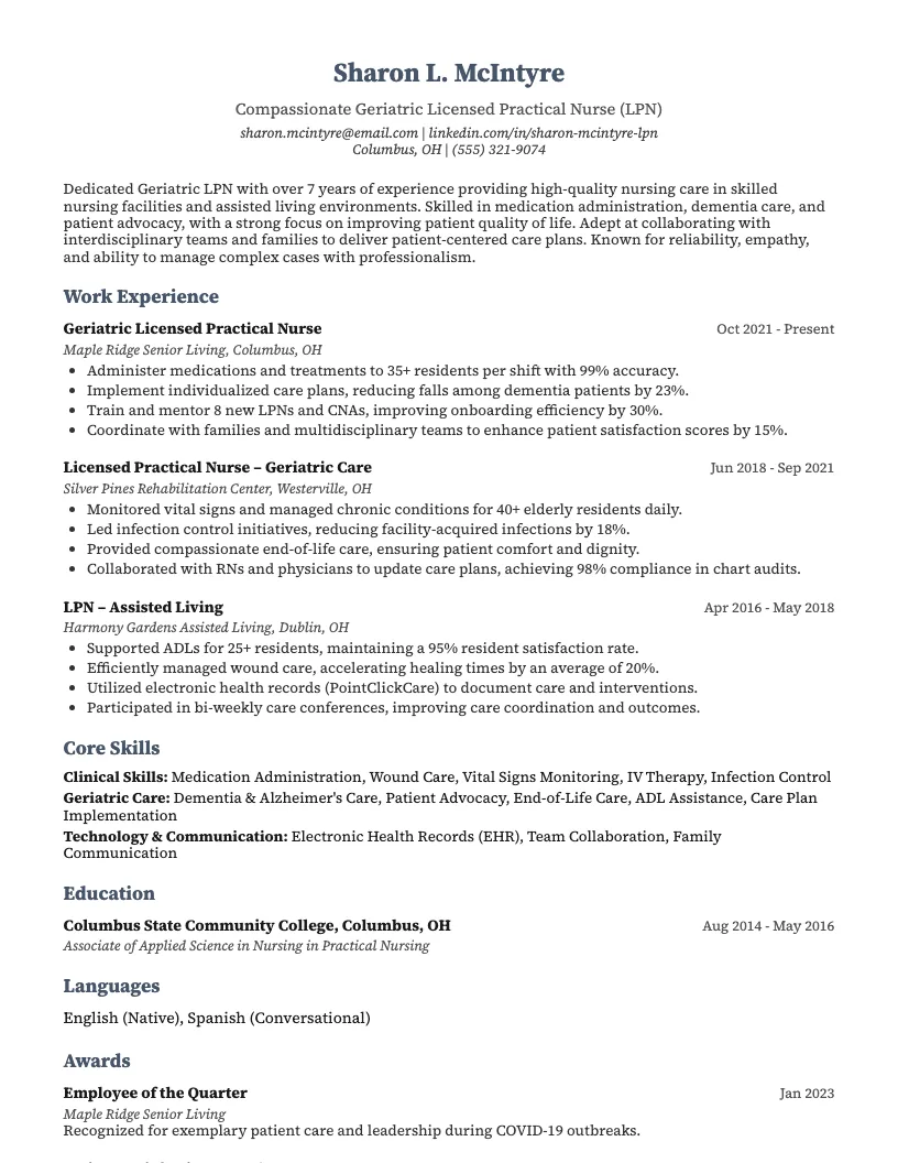 Geriatric Lpn Resume Example
