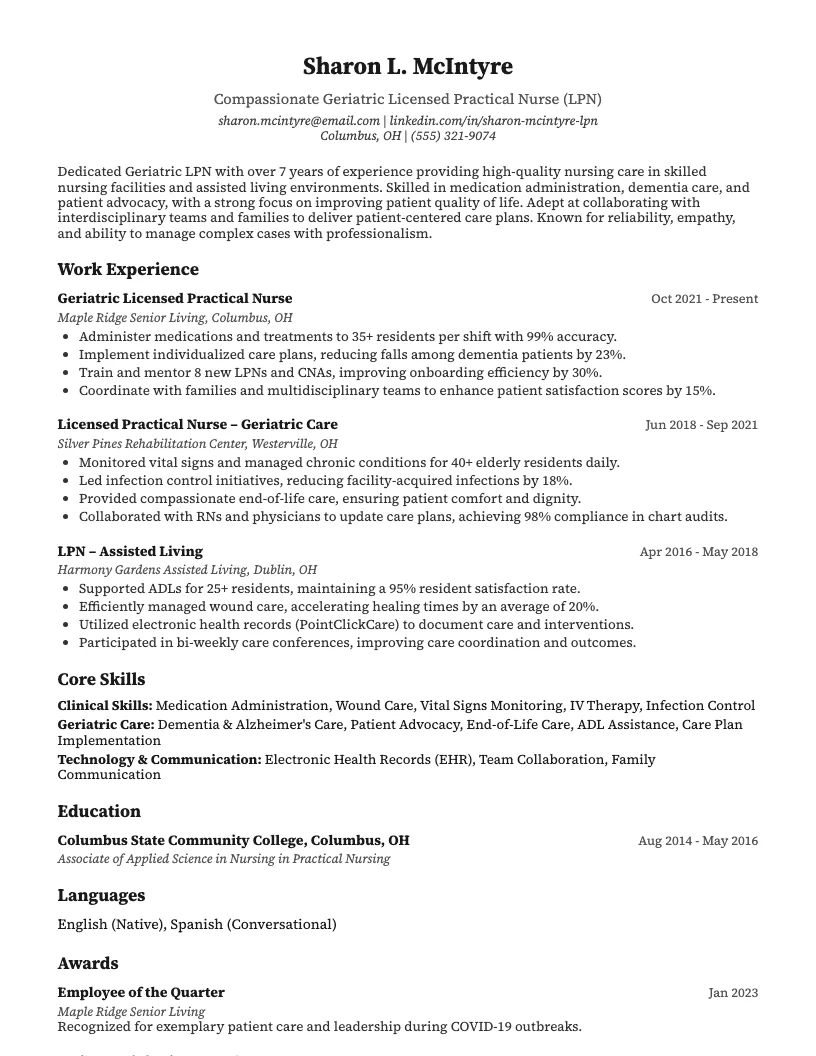 Geriatric Lpn Resume Example