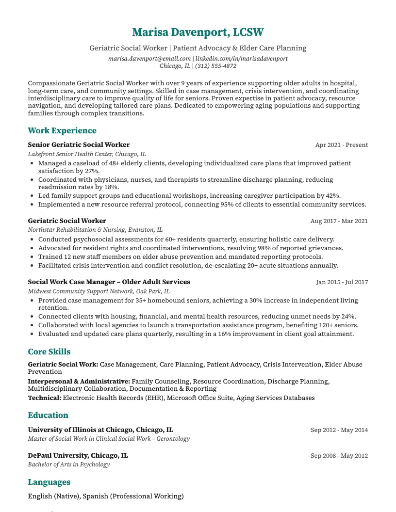 Geriatric Social Worker Resume Example