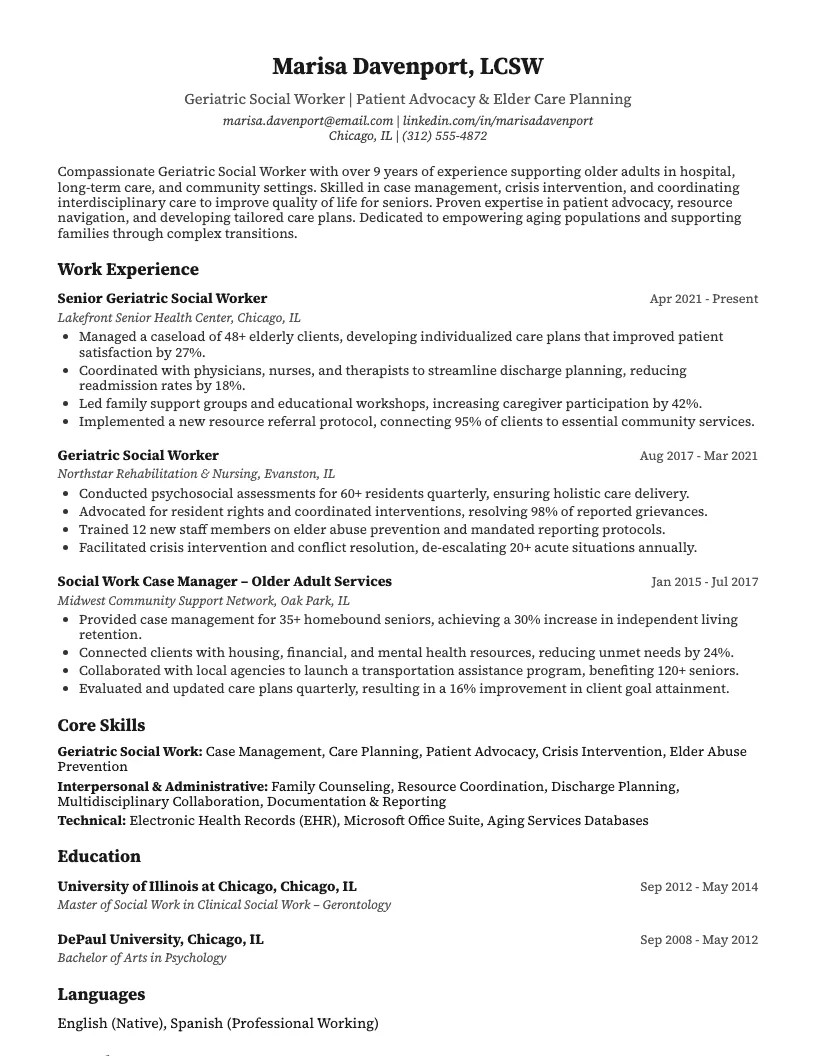 Geriatric Social Worker Resume Example