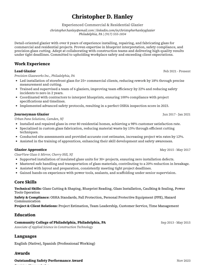 Glazier Resume Example