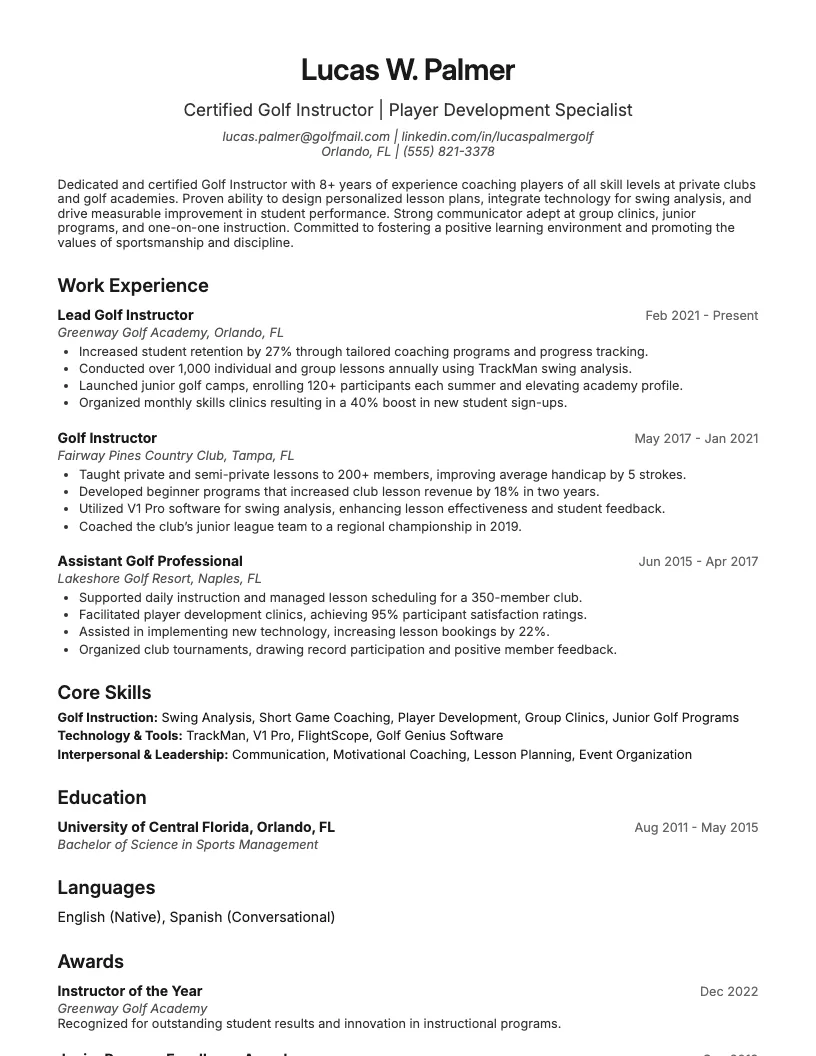 Golf Instructor Resume Example