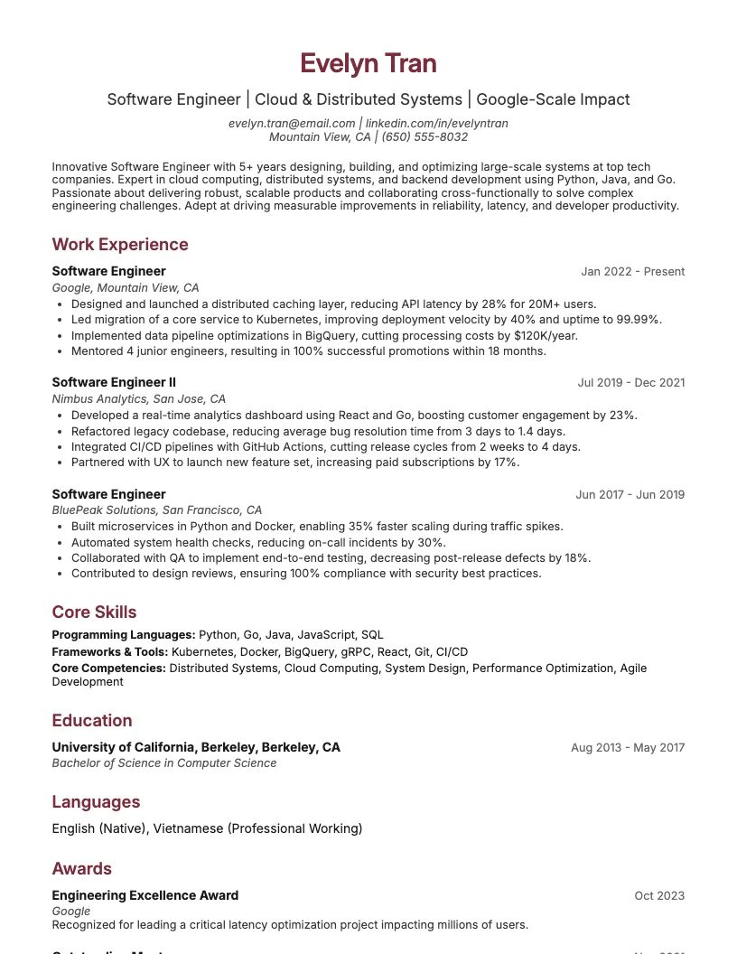 Google Software Engineer Resume Example