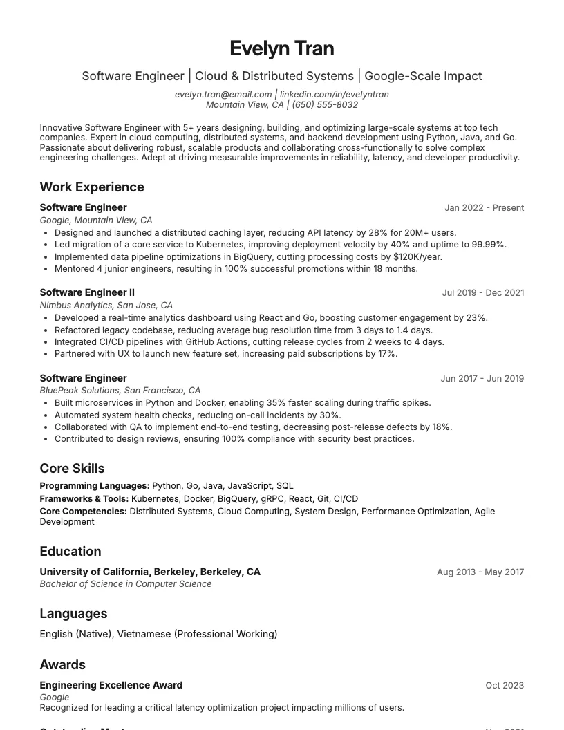 Google Software Engineer Resume Example