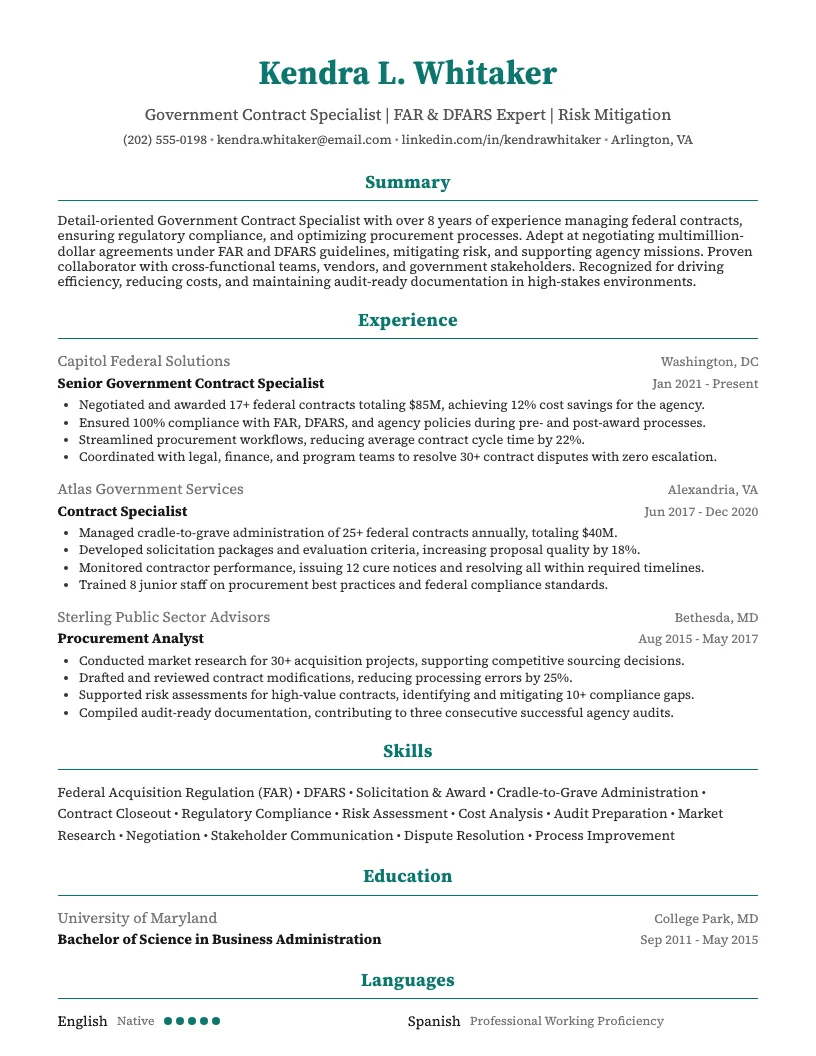 Government Contract Specialist Resume Example