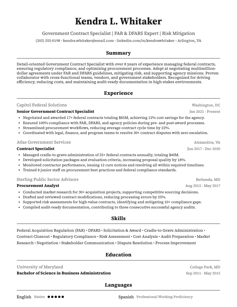 Government Contract Specialist Resume Example
