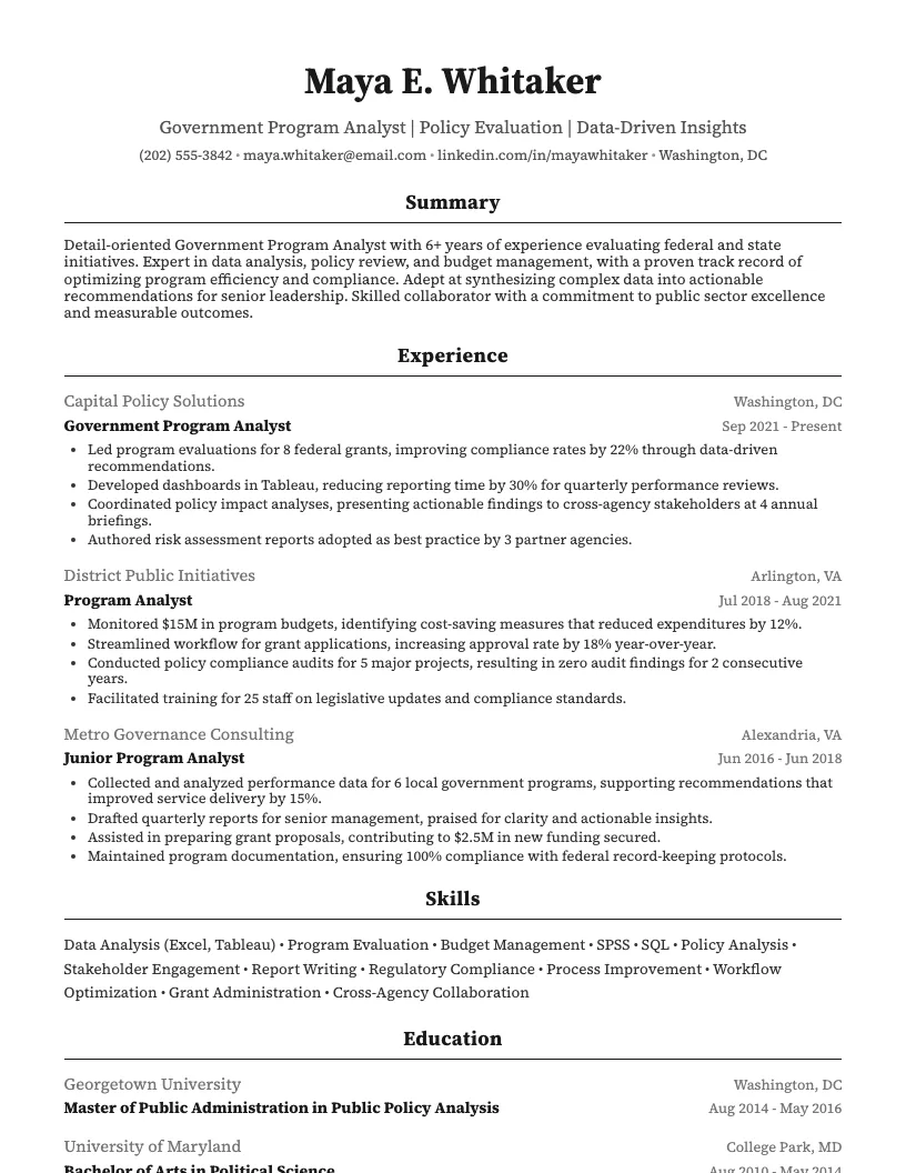 Government Program Analyst Resume Example
