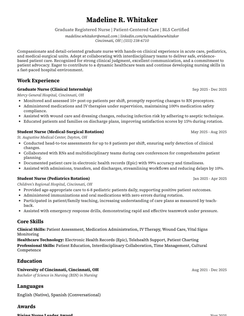 Graduate Nursing Student Resume Example