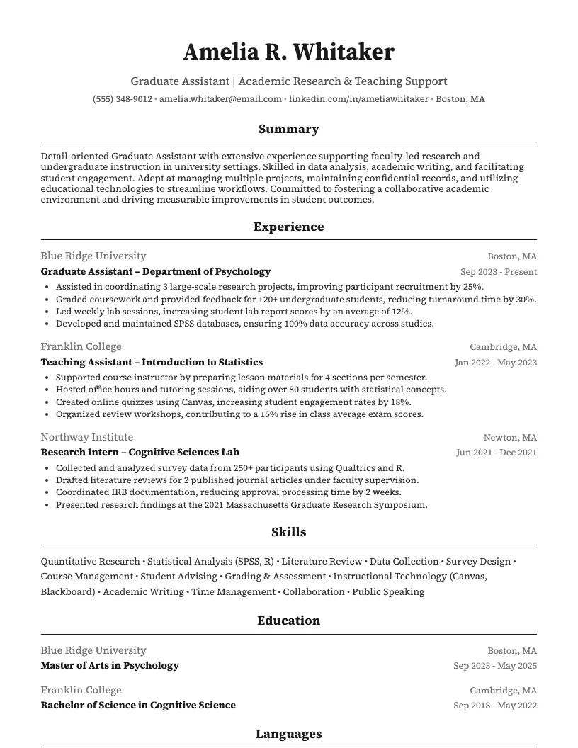 Graduate Assistant Resume Example