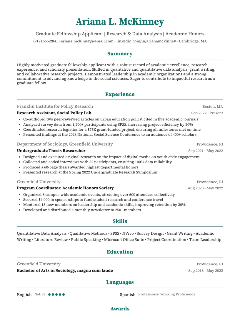Graduate Fellowship Applicant Resume Example